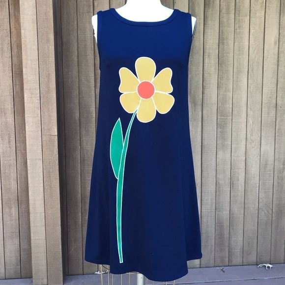ModCloth Blue Midi Shift Dress Yellow Daisy Medium - Picture 9 of 9